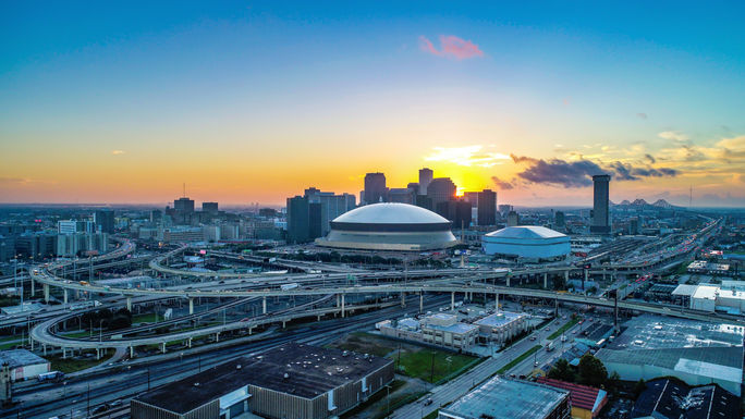 Aerial view of New Orleans, Louisiana skyline at sunrise Aerial view of New Orleans, Louisiana skyline at sunrise